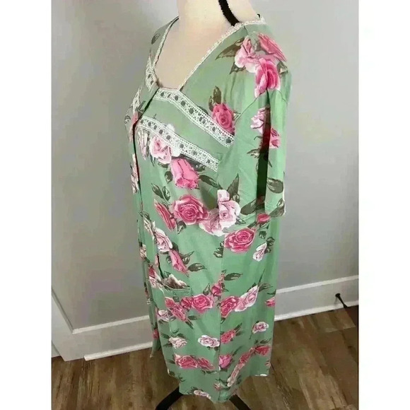 Joan Vass NWT Nightgown Green Pink Floral Buttons Pockets Long Lace M MSRP $58 - Picture 6 of 14